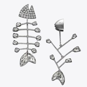 Tory Burch Silver Crystal Fishbone Earrings
